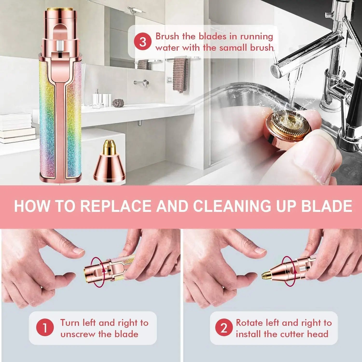 2 IN 1 Rechargeable Electric Eyebrow Trimmer Epilator Female Body Facial Lipstick Shape Hair Removal Rainbow and Pink