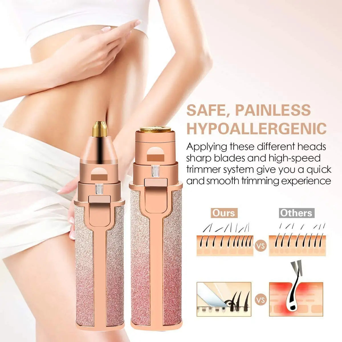 2 IN 1 Rechargeable Electric Eyebrow Trimmer Epilator Female Body Facial Lipstick Shape Hair Removal Rainbow and Pink