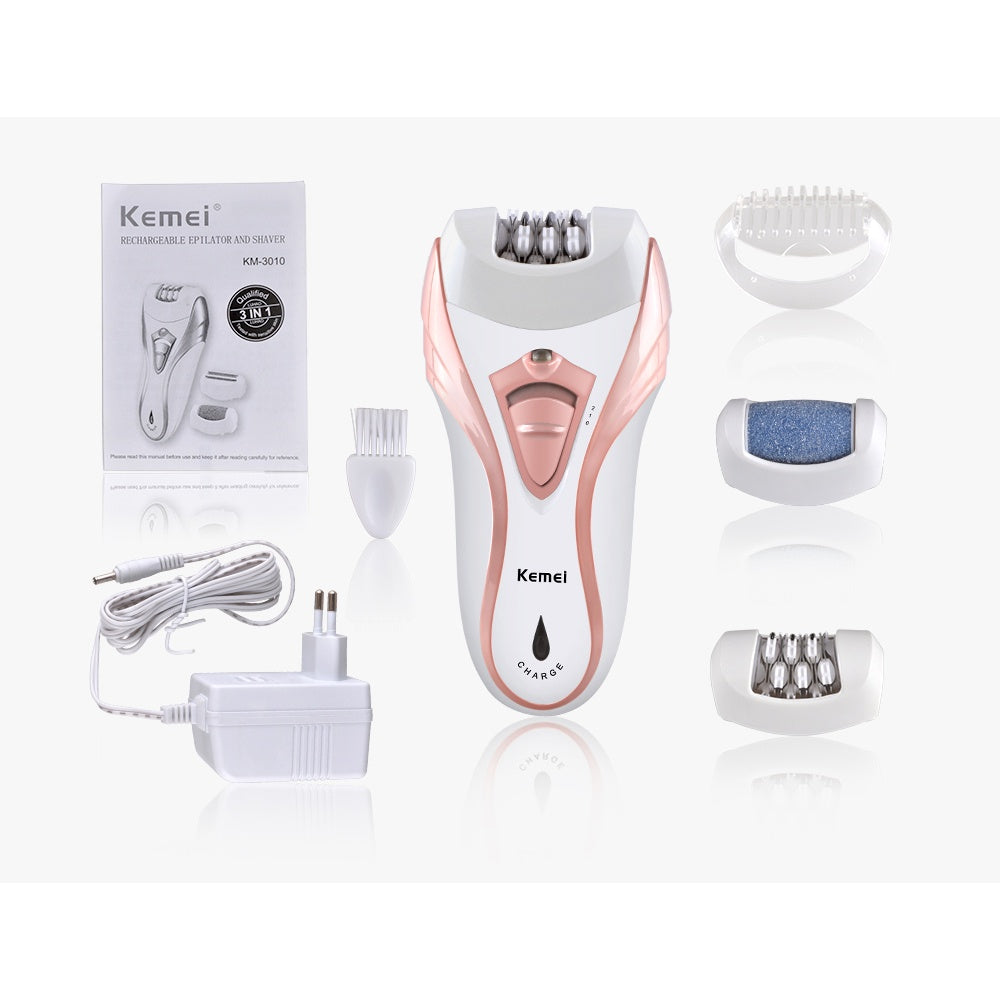 Kemei km-3010 Rechargeable Electric Epilator 3 In 1 Women Shaver Hair Removal Trimmer Bikini Depilatory Legs Body Foot File Pedicure